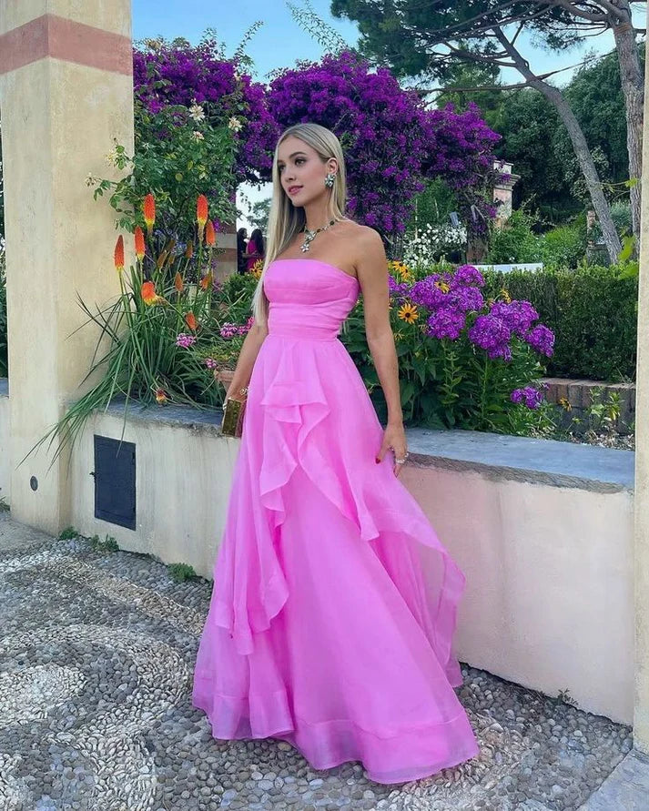 Vintage Hot Pink Strapless Long Prom Dress A-Line Ruffle Formal Dress, DP6562