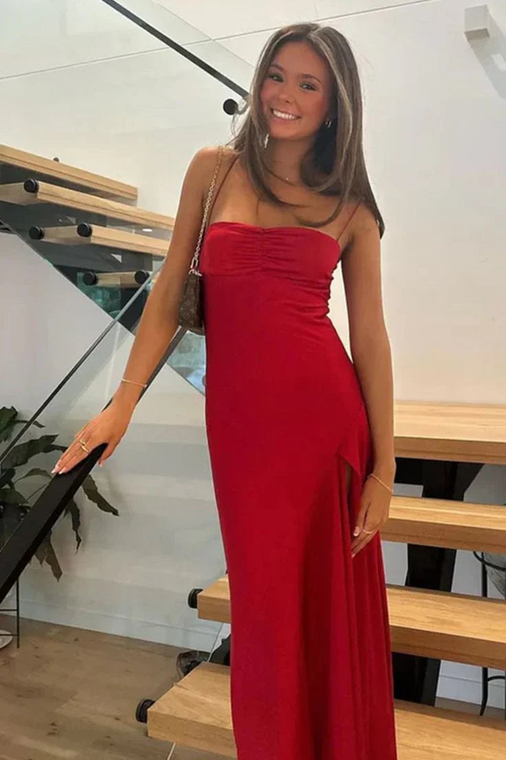 Vintage Satin Spaghetti Strap Mermaid High-slit Long Prom Dress Party Dress Evening Dress DP6463
