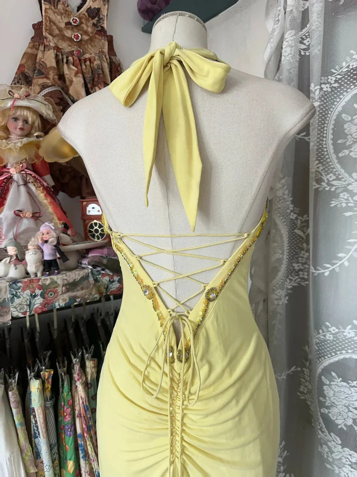 Robe de bal vintage jaune brodée, décolleté en cœur et perles, robe de soirée longue style sirène, col licou, DP6594