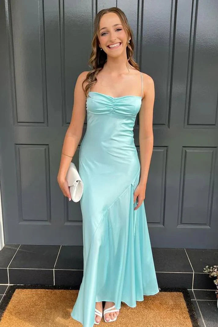Vintage Satin Spaghetti Strap Mermaid High-slit Long Prom Dress Party Dress Evening Dress DP6463