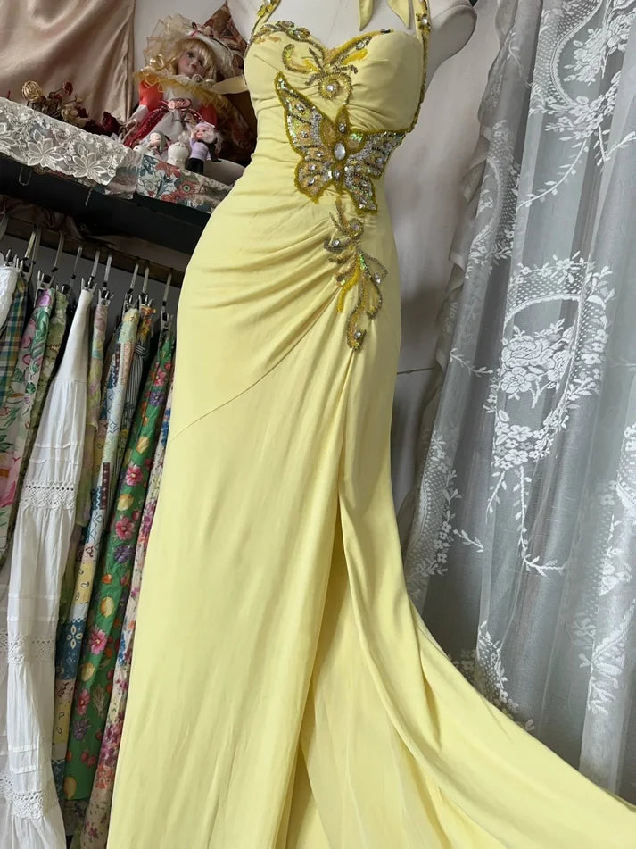 Robe de bal vintage jaune brodée, décolleté en cœur et perles, robe de soirée longue style sirène, col licou, DP6594