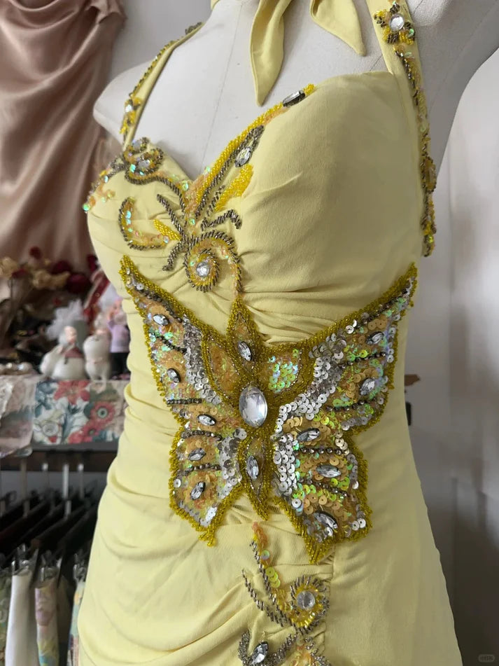 Robe de bal vintage jaune brodée, décolleté en cœur et perles, robe de soirée longue style sirène, col licou, DP6594