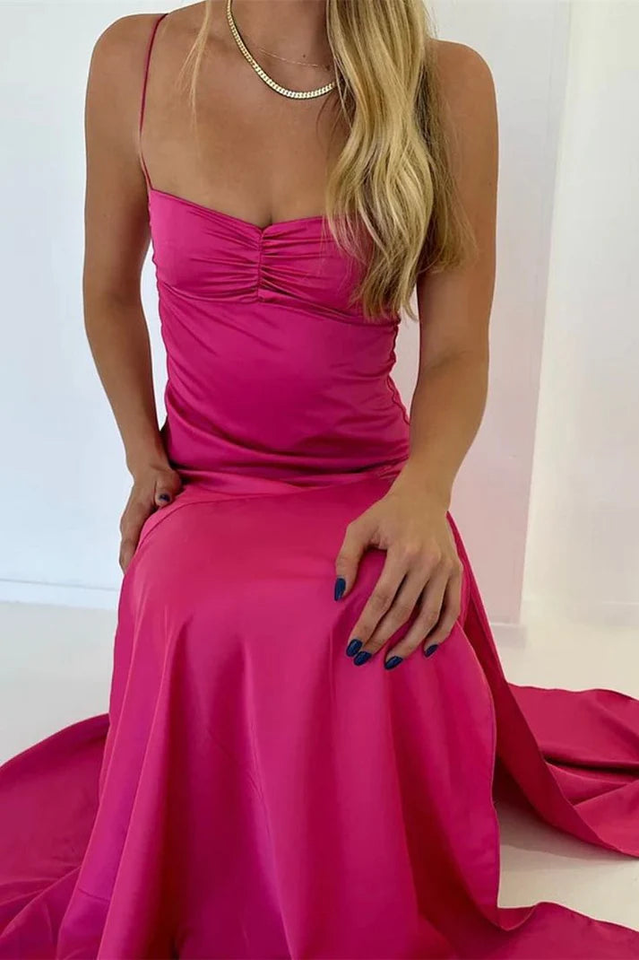 Vintage Satin Spaghetti Strap Mermaid High-slit Long Prom Dress Party Dress Evening Dress DP6463