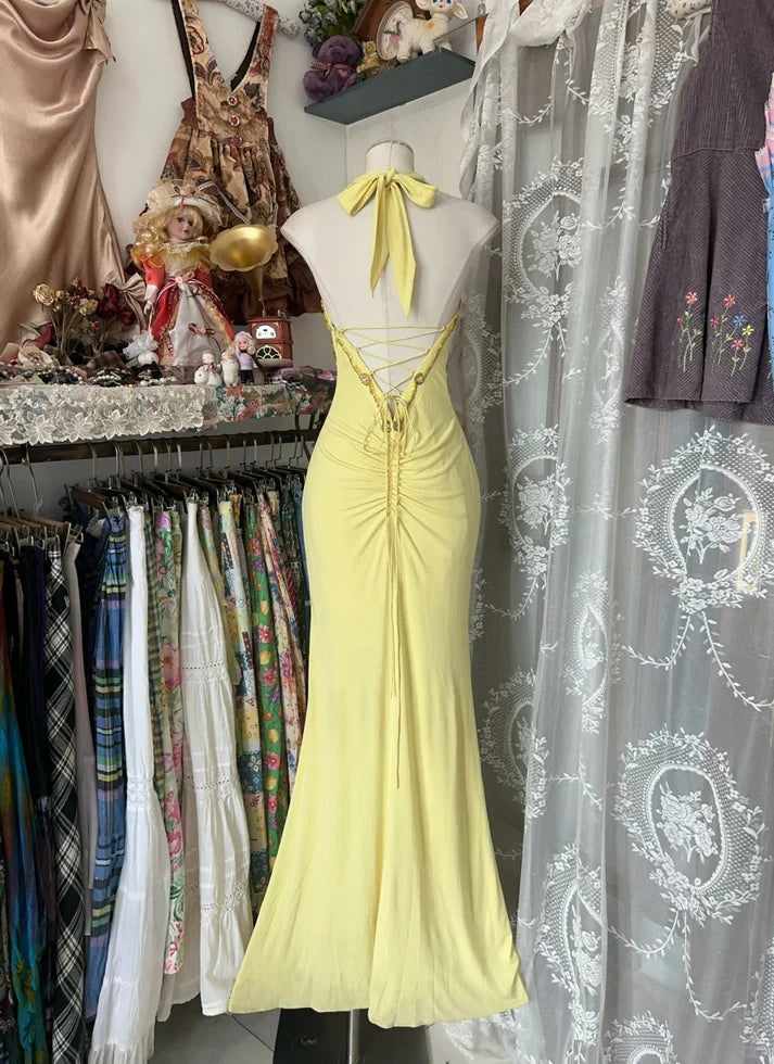 Robe de bal vintage jaune brodée, décolleté en cœur et perles, robe de soirée longue style sirène, col licou, DP6594