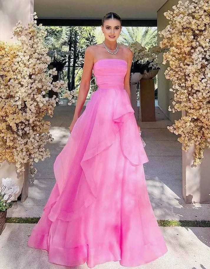 Vintage Hot Pink Strapless Long Prom Dress A-Line Ruffle Formal Dress, DP6562