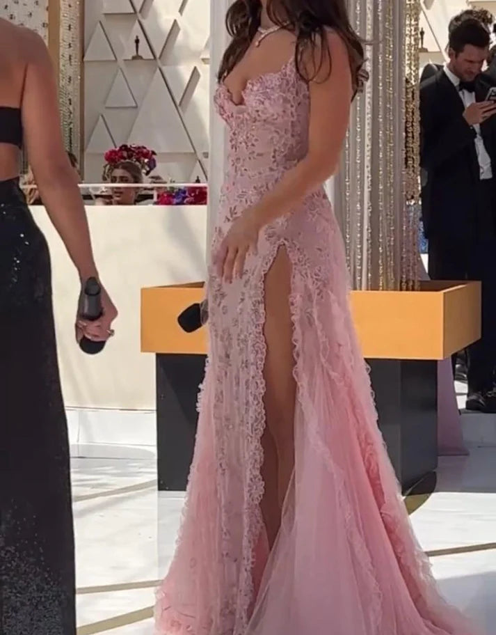 Vintage Pink Lace Sweetheart Prom Dress Long Evening Dress A-Line High Slit Formal Dress, DP6577