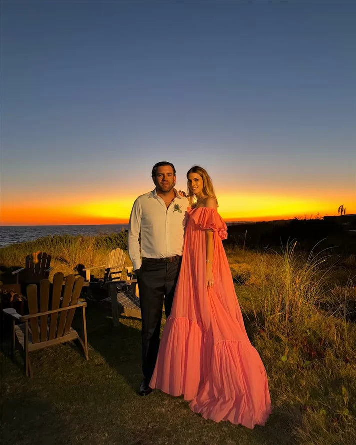 Vintage Pink Off-the-shoulder Prom Dress Long Pleated Evening Dress Formal Dress, DP6592