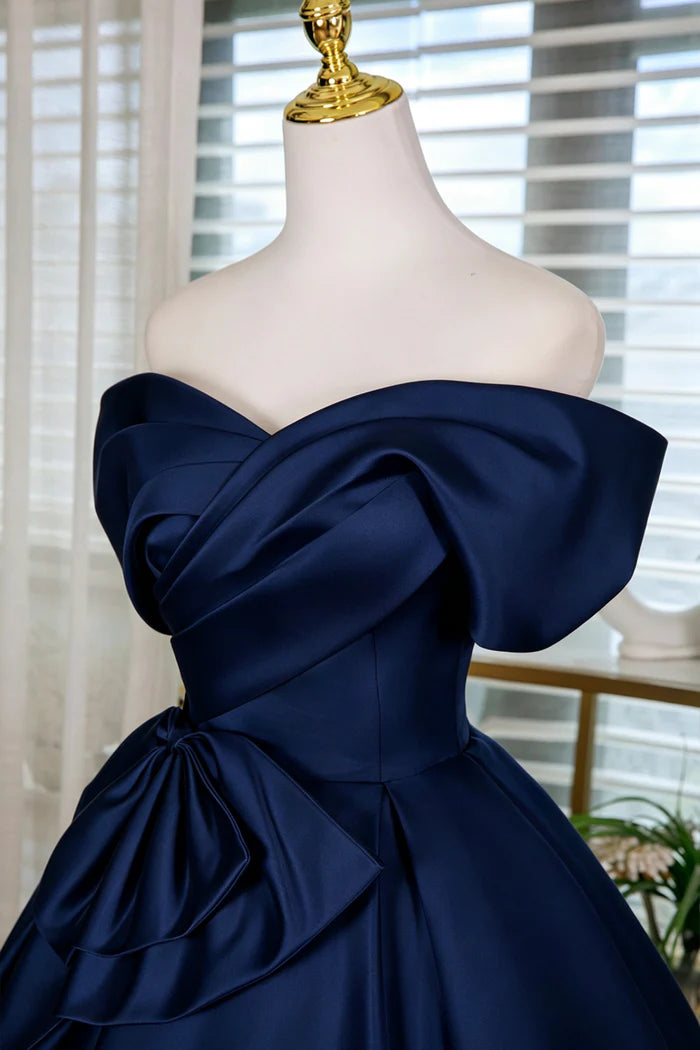 Cute Navy Blue Off-the-Shoulder Satin Bow Homecoming Dress DP8479