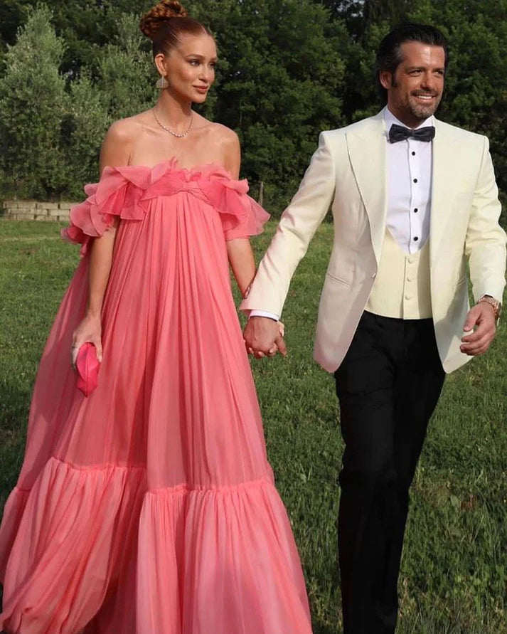 Vintage Pink Off-the-shoulder Prom Dress Long Pleated Evening Dress Formal Dress, DP6592