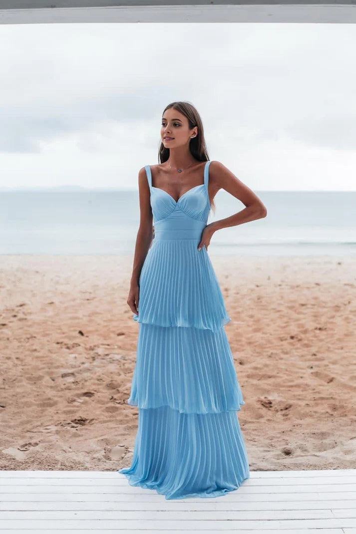 Vintage Blue Sweetheart Pleated A-Line Tiered Long Prom Dress Party Dress Evening Dress DP6462