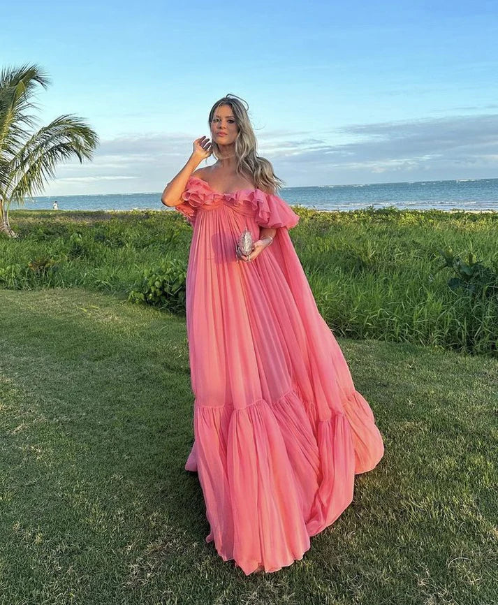 Vintage Pink Off-the-shoulder Prom Dress Long Pleated Evening Dress Formal Dress, DP6592