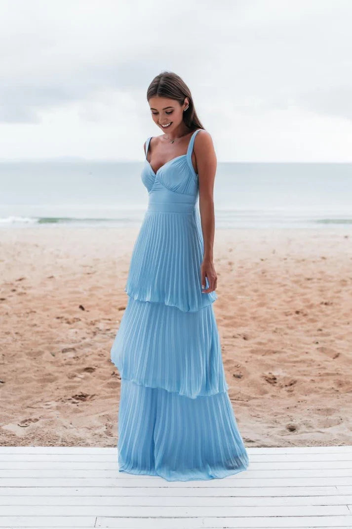 Vintage Blue Sweetheart Pleated A-Line Tiered Long Prom Dress Party Dress Evening Dress DP6462