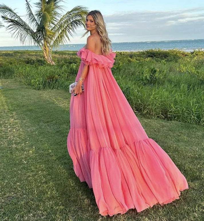 Vintage Pink Off-the-shoulder Prom Dress Long Pleated Evening Dress Formal Dress, DP6592