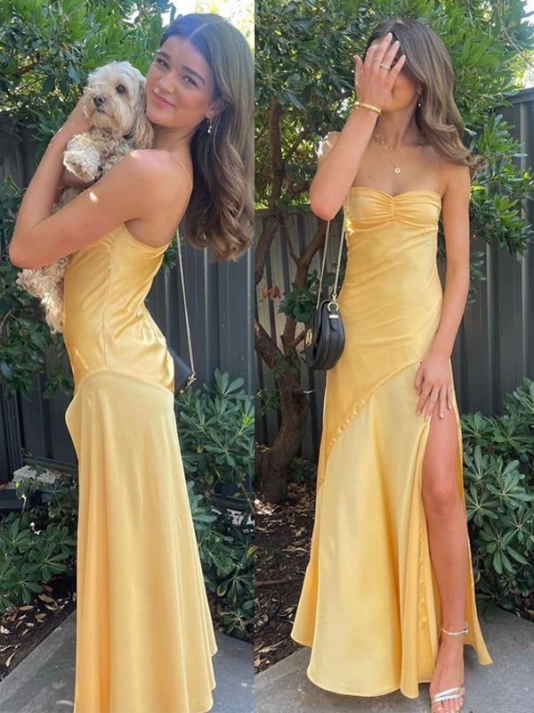 Vintage Satin Spaghetti Strap Mermaid High-slit Long Prom Dress Party Dress Evening Dress DP6463