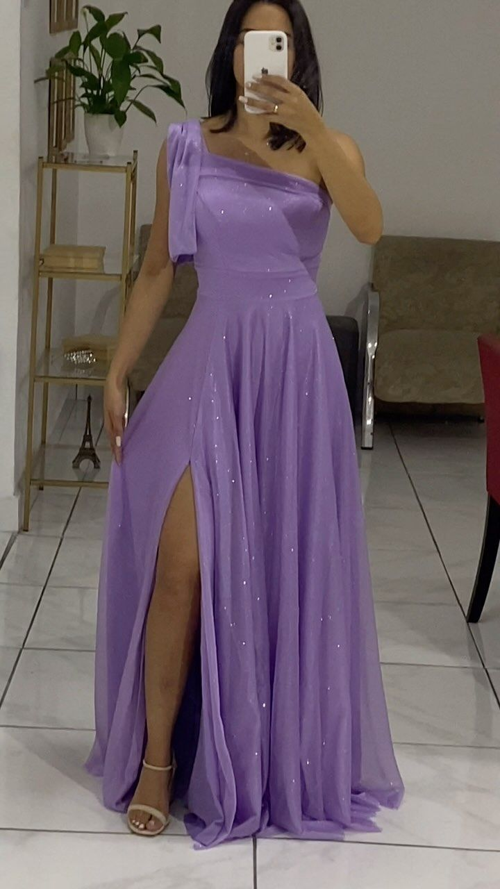 Robe de bal longue et élégante violette asymétrique, coupe trapèze, DP3929