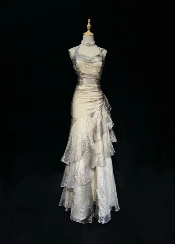 Vintage Silvery A-Line Prom Dress Long Ruffle Evening Dress Spaghetti Strap Tiered Formal Dress, DP6582