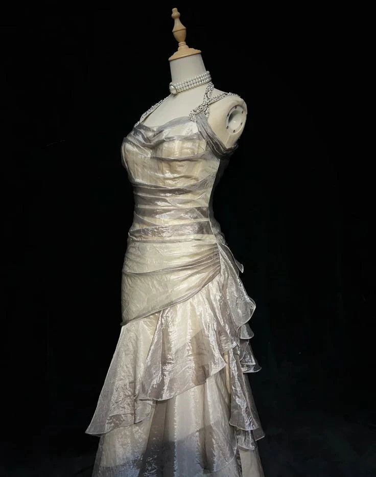 Vintage Silvery A-Line Prom Dress Long Ruffle Evening Dress Spaghetti Strap Tiered Formal Dress, DP6582