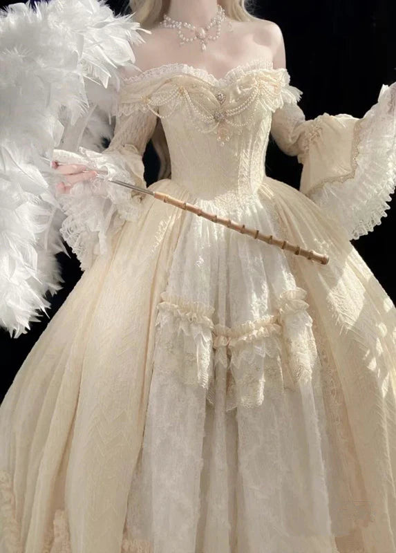 Gorgeous Ivory Sweetheart Lace Off-the-shoulder Long-sleeve A-Line Wedding Dress Ball Gown Prom Dress Evening Dress DP6573