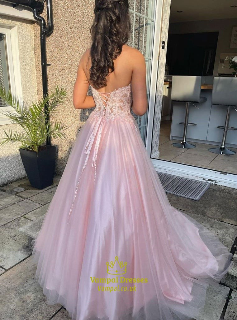 Elegant Strapless Pink Tulle Lace Appliques Sweet 16 Quinceanera Ball Gown DP8270