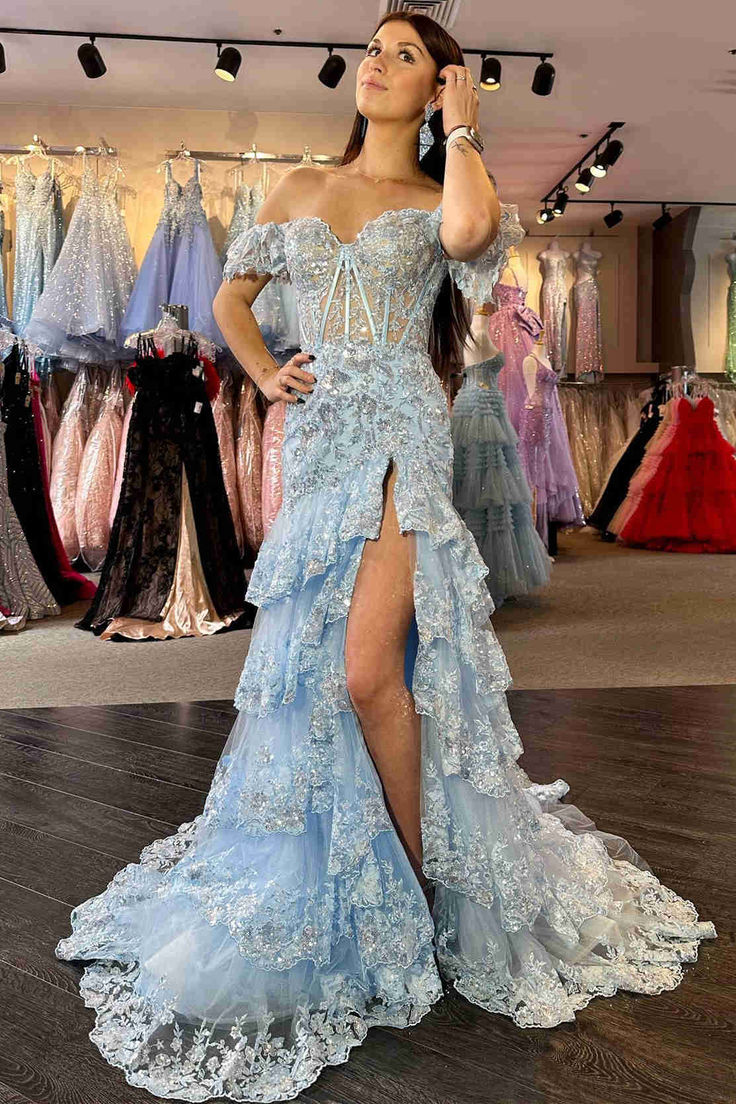 Vintage Off-the-Shoulder Mermaid Evening Gown Sequin Lace Ruffle Formal Train Prom Dress DP7590
