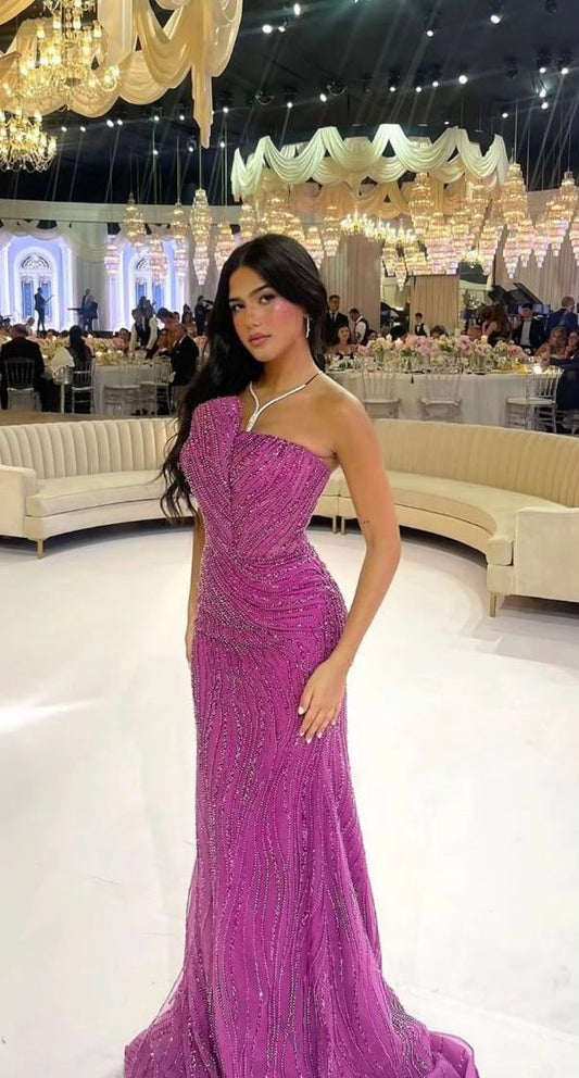 Robe de bal vintage fuchsia à paillettes scintillantes, robe de soirée sirène sans bretelles, robe longue de soirée formelle DP6887