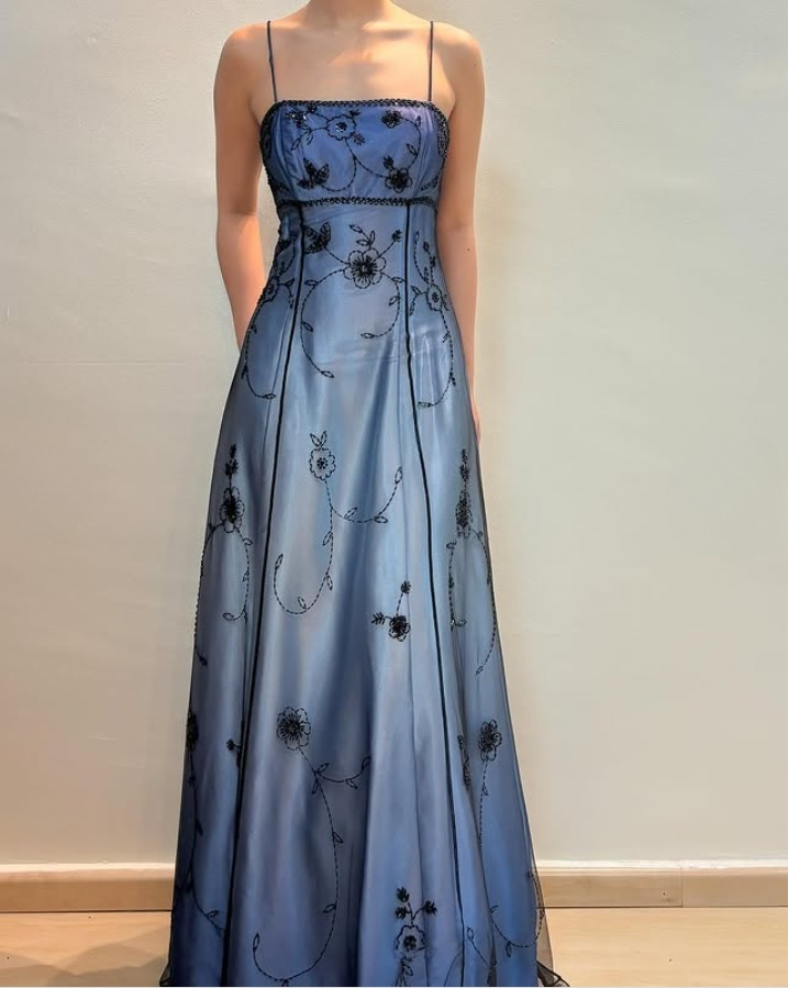 Elegant Blue Spaghetti Straps A-Line Vintage Long Party Dress, DP3990
