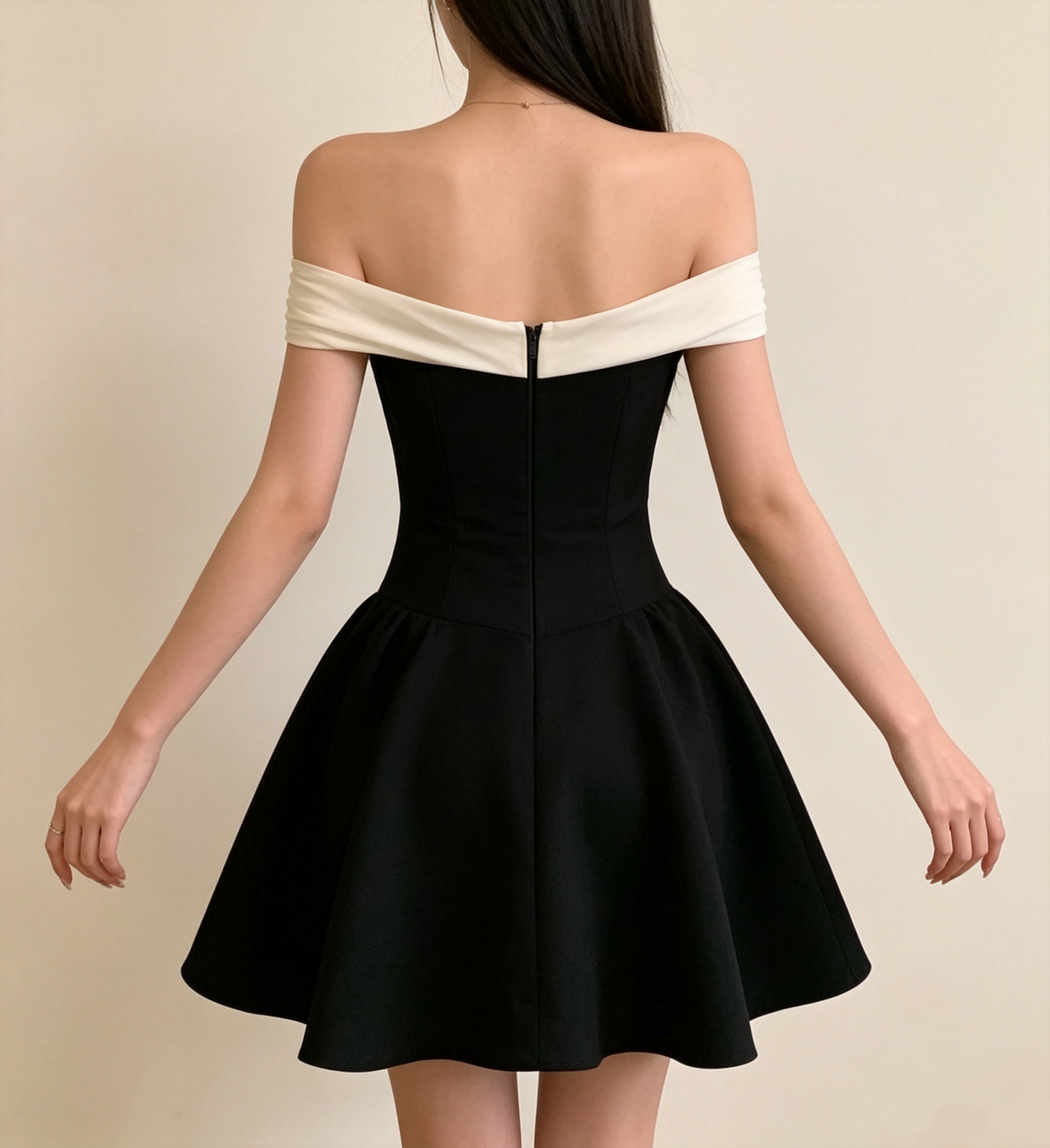 Elegant Black Off-the-Shoulder White Chiffon Ruffle Trim A-Line Homecoming Dress DP8745