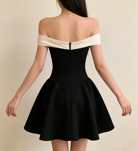 Elegant Black Off-the-Shoulder White Chiffon Ruffle Trim A-Line Homecoming Dress DP8745