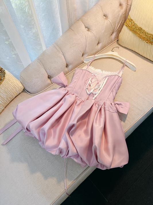 Chic Pink Spaghetti Strap Beading A-line V-neck Party Dresses Homecoming Dresses, DP5799