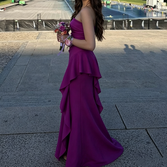 Elegant Magenta Strapless Sheath Ruffle Prom Dress DP8482
