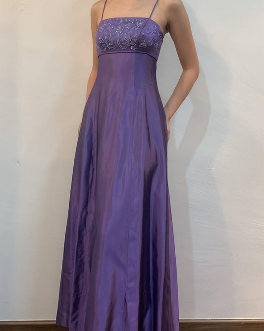 Elegant Purple Spaghetti Straps A-Line Vintage Long Party Dress, DP3988