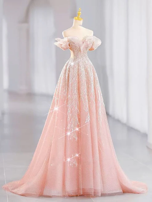 Pink Off Shoulder A-Line Tulle Appliques Long Formal Party Dress, DP4708
