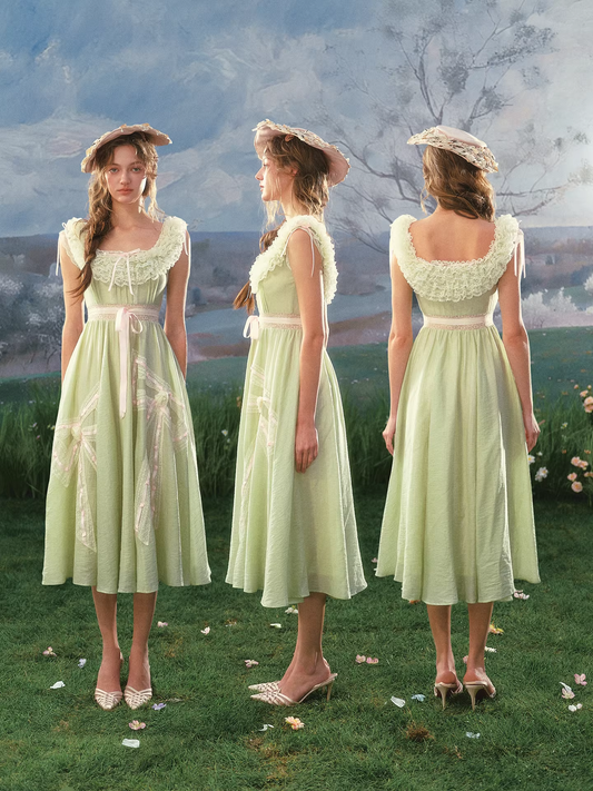 Vintage Mint Green Lace Trim Midi Prom Dress Pink Bows Evening Gown DP8002