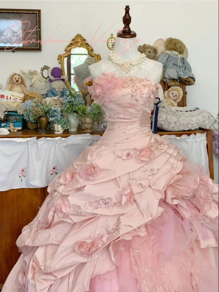 Elegant Pink 3D Flower Sweet 16 Quinceanera A-Line Floor-length Prom Dress Birthday Dress Evening Dress Ball Gown DP6442