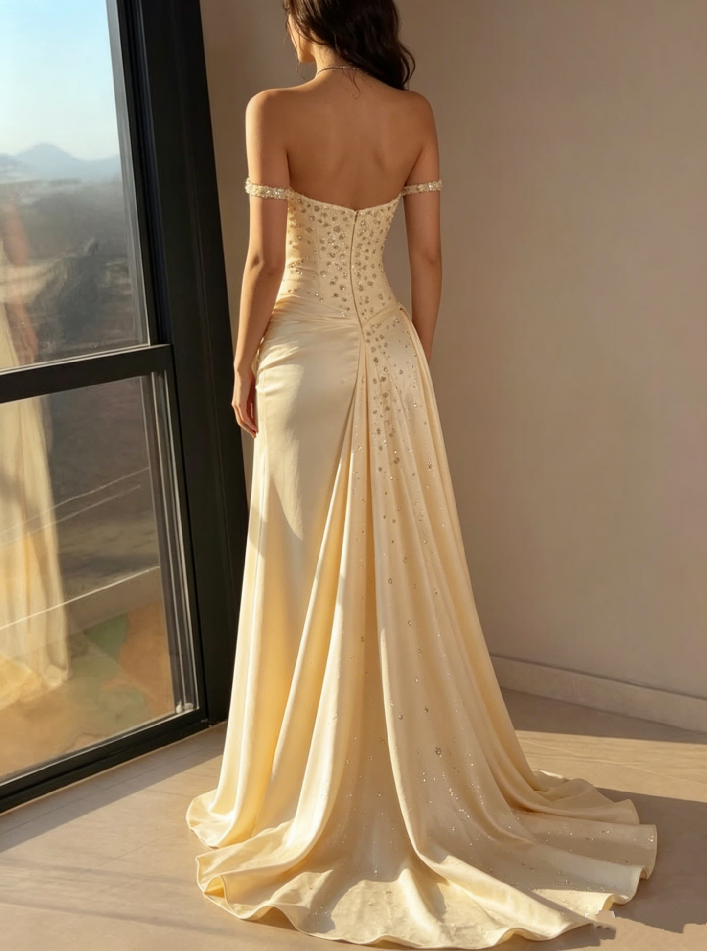 Glamorous Champagne Off-the-Shoulder Mermaid Prom Dress Beaded Bodice Satin Formal Draped Train Evening Gown DP8414
