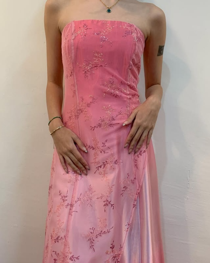 Lovely Pink Strapless A-Line Lace Satin Party Dress Evening Gown, DP4035