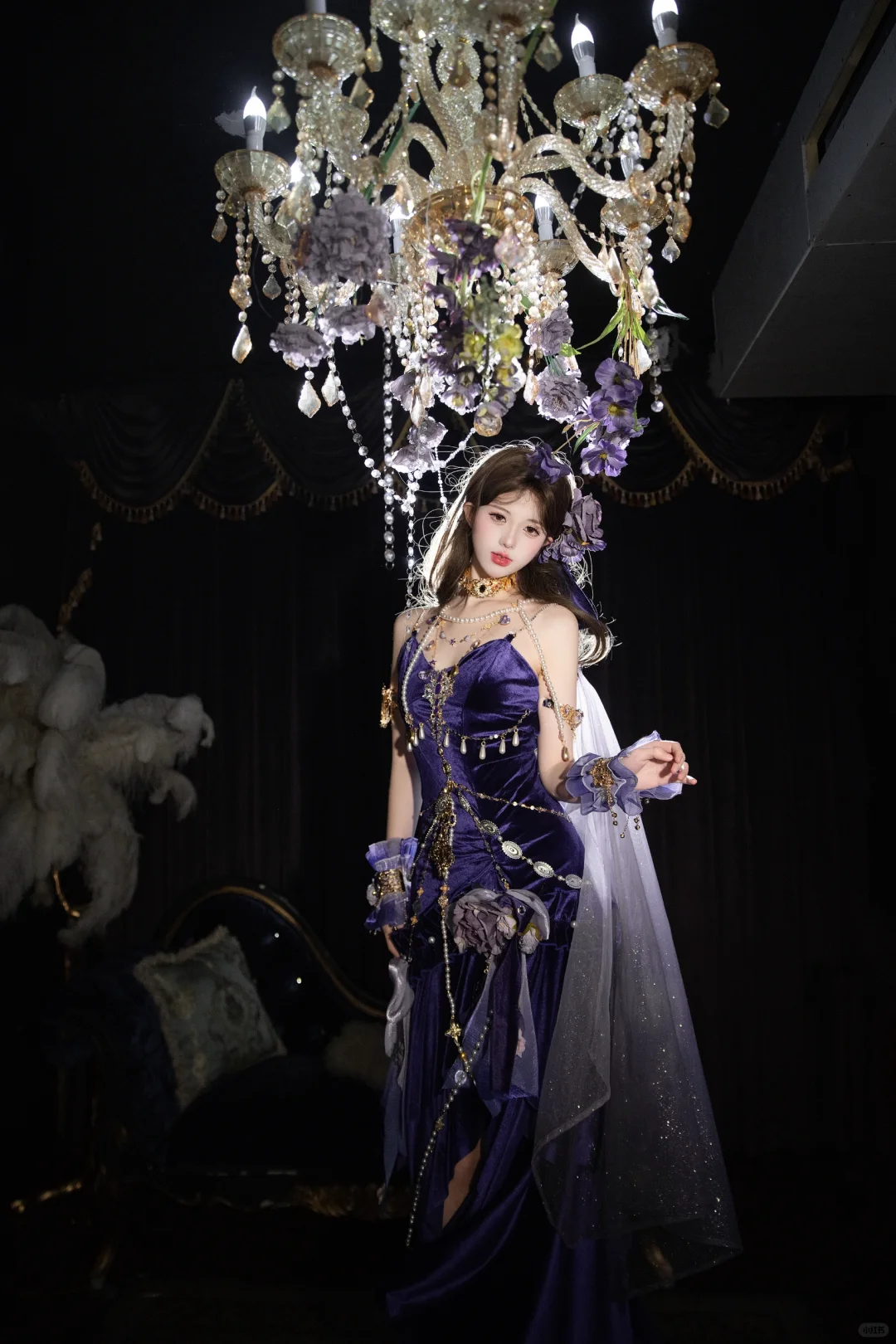 Superbe robe sirène longue à bretelles violettes et perles, tenue de soirée d'anniversaire, DP5024