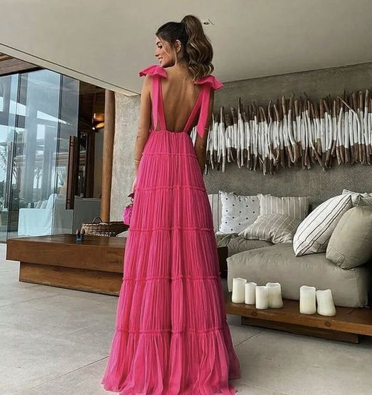 Vintage Hot Pink V-neck Prom Dress Long Pleated Evening Dress A-Line Backless Formal Dress, DP6575