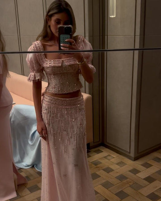 Vintage Pink Glittering Sequin Prom Dress Sheath Two-piece Evening Gown Short-sleeved Party Dress Long Formal Dress DP6894