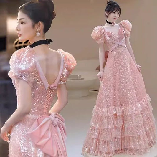 Vintage Pink Sequin Puff Sleeve A-Line Prom Dress Tiered Ruffle Hem Evening Gown DP8283