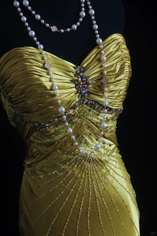 Glamorous Golden Yellow Satin Mermaid Strapless Sweetheart Beaded Formal Evening Gown DP7371