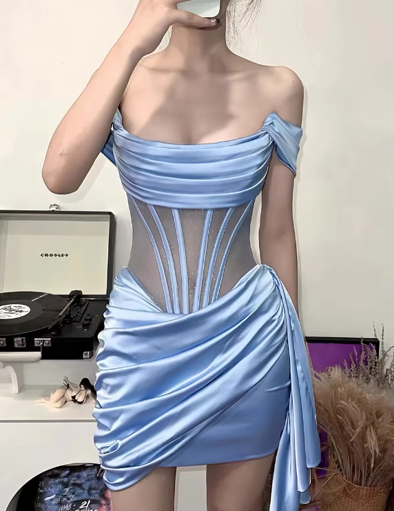 Robe de soirée bleue à épaules dénudées, mini robe Hoco, tenue d'anniversaire, DP3043