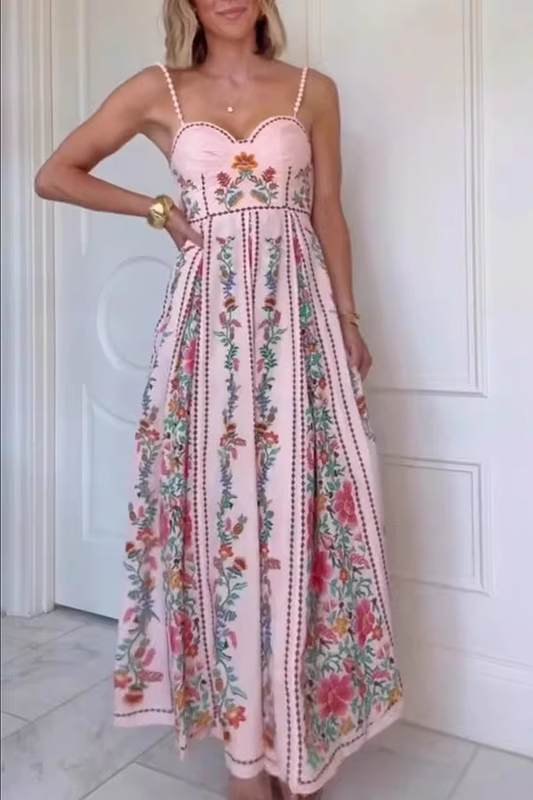 Gorgeous Pink Floral Embroidered Beaded Spaghetti Strap Sweetheart Maxi Prom Dress DP8235