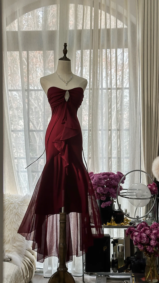 Elegant Burgundy Strapless Gorgeous Beaded Chiffon Evening Dress Prom Dress, DP5980
