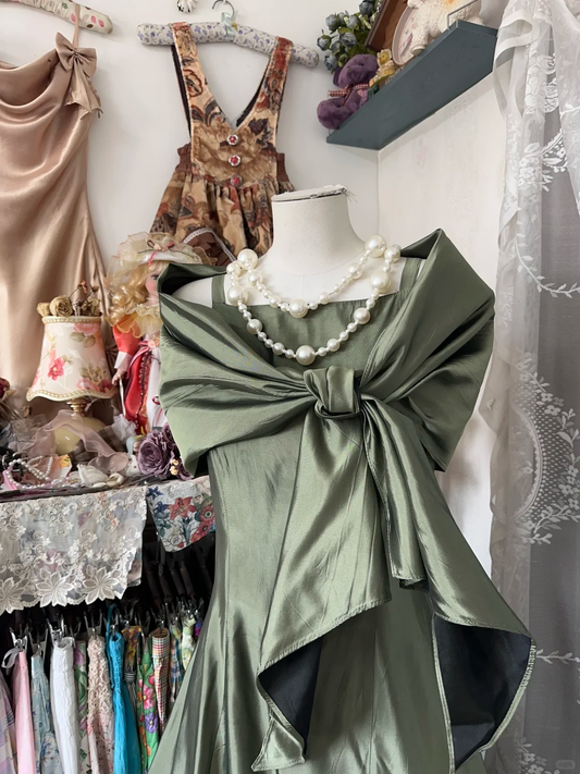 Vintage Green Satin Shawl Design Elegant A-line Long Evening Dress Prom Dresses DP6207
