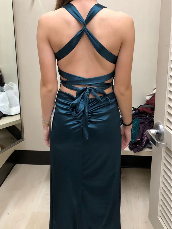 Robe de soirée longue en satin bleu marine à col en V et dos nu, DP4369