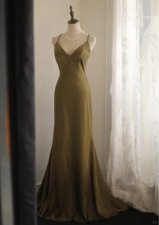 Glamorous Olive Green Satin Spaghetti Strap Deep V-Neck Mermaid with Train Prom Dress DP7651