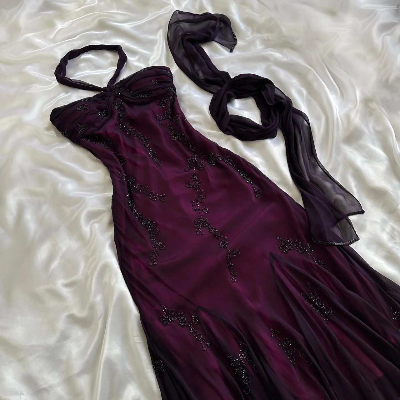 Vintage Dark Purple Halter-neck Beaded Ruffled Charming Prom Dress Evening Dress Party Dress, DP2277