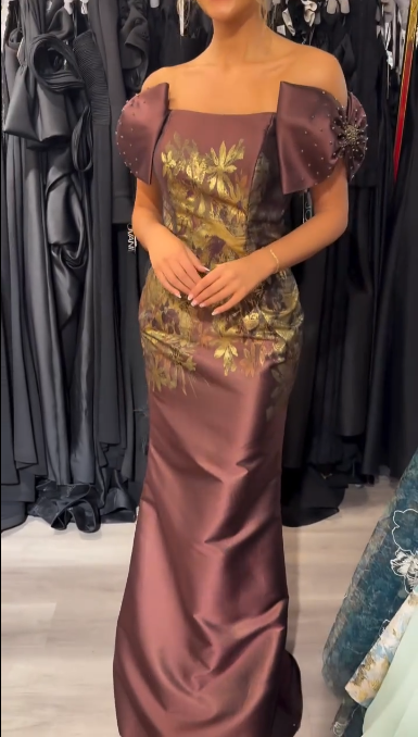 Burgundy Satin Mermaid Floral Embroidery Beaded Off-the-shoulder Mother of the Bride Dress DP7002