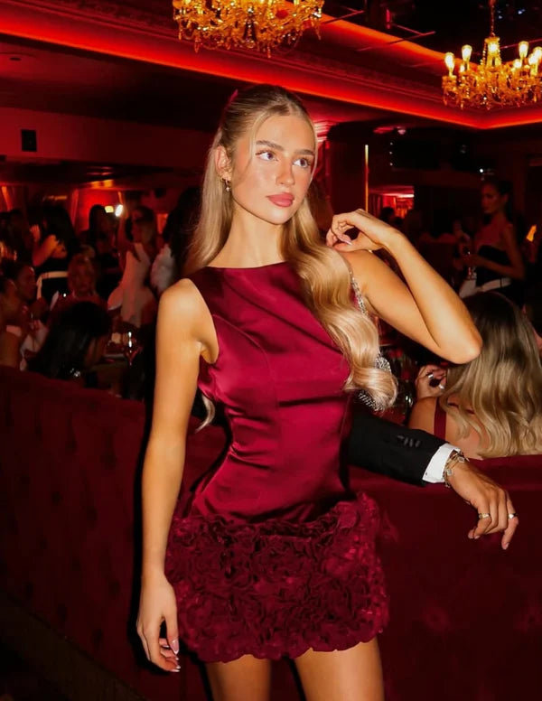 Vintage Burgundy Satin Short Sheath Party Dress Cocktail Dress Homecoming Dress DP6487